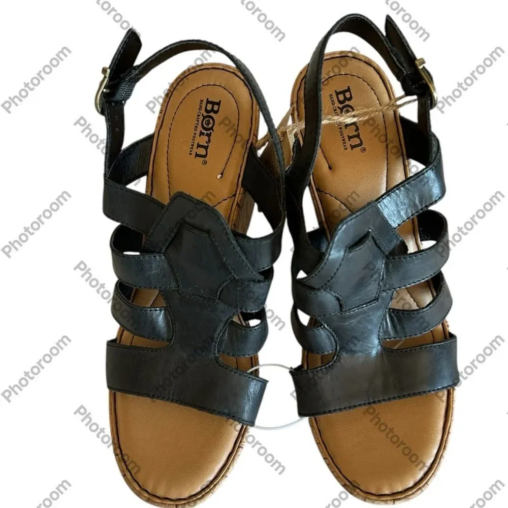 BORN Ankle Strap Sandals Wedge Cork Heels, Black, Size 10,NWT no box